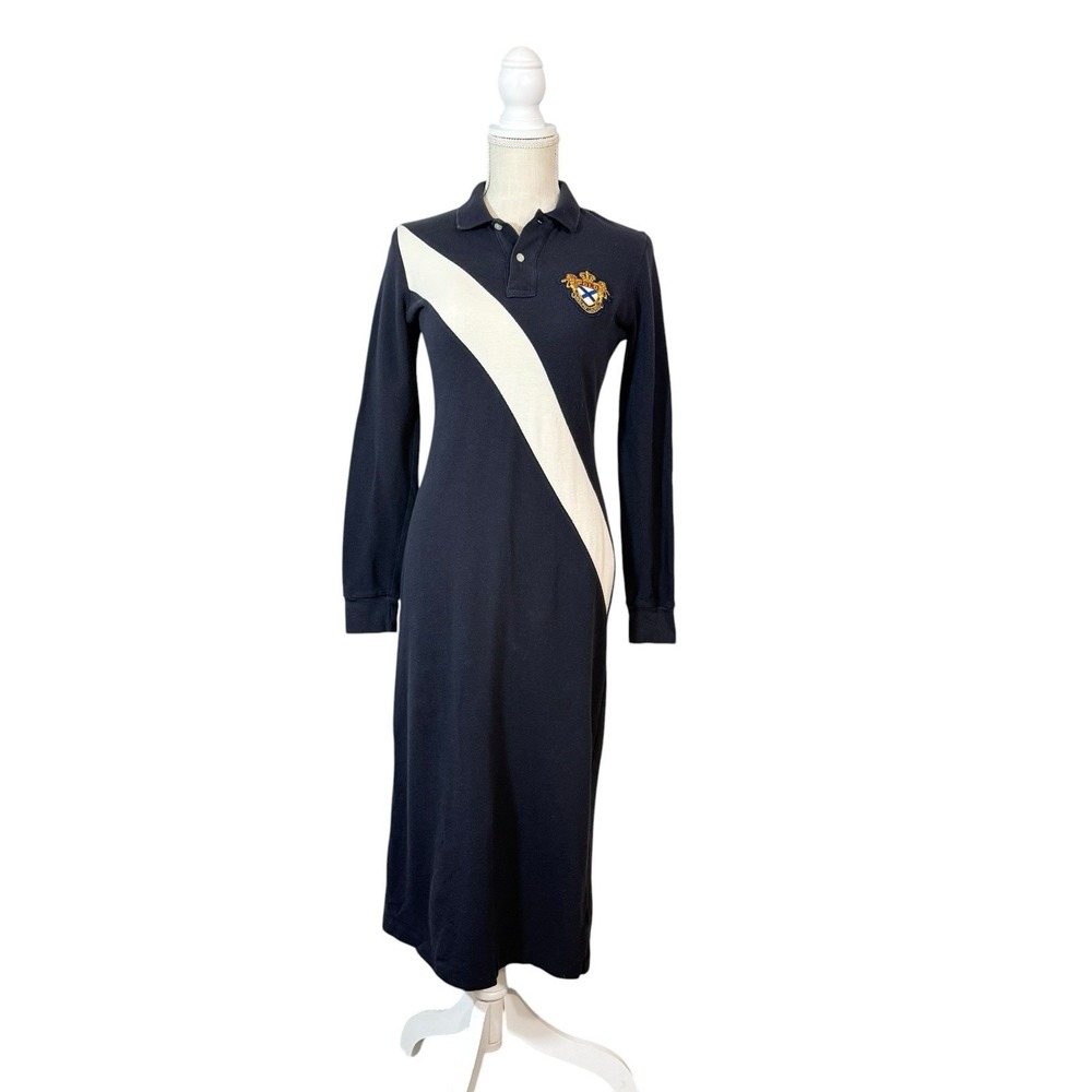VTG Ralph Lauren Ribbon Striped Polo Midi Dress Sz M Navy Embroidered Crest